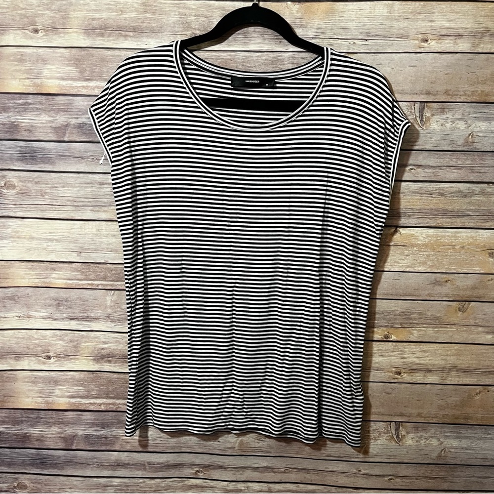 Hallhuber Short Sleeve Black White Stripe Knit Top Size Medium G1